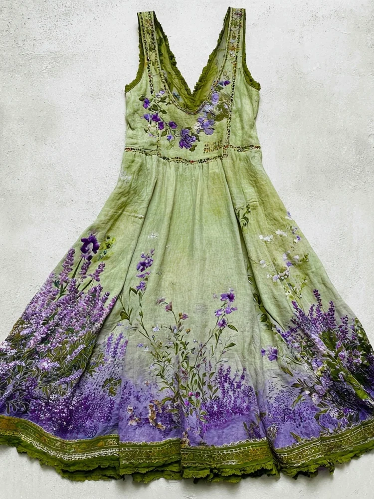 Vintage Lavender Flowers Embroidered Gradient Linen Midi Dress