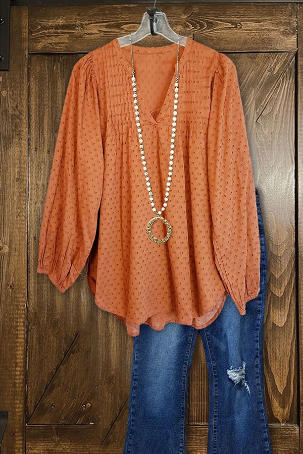 Solid Color Pleated V-neck Texture Top