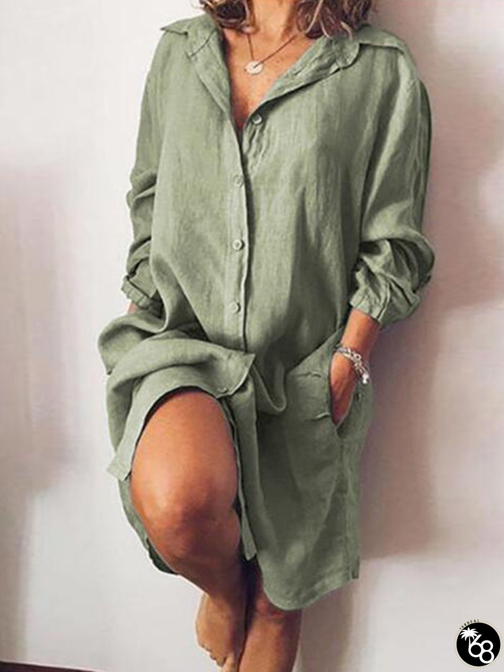 Women's Casual Pure Color Cotton Shirt Dress | 168DEAL