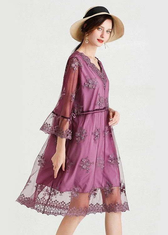 Fine Purple Tulle Embroideried Patchwork Spring Flare Sleeve Dress