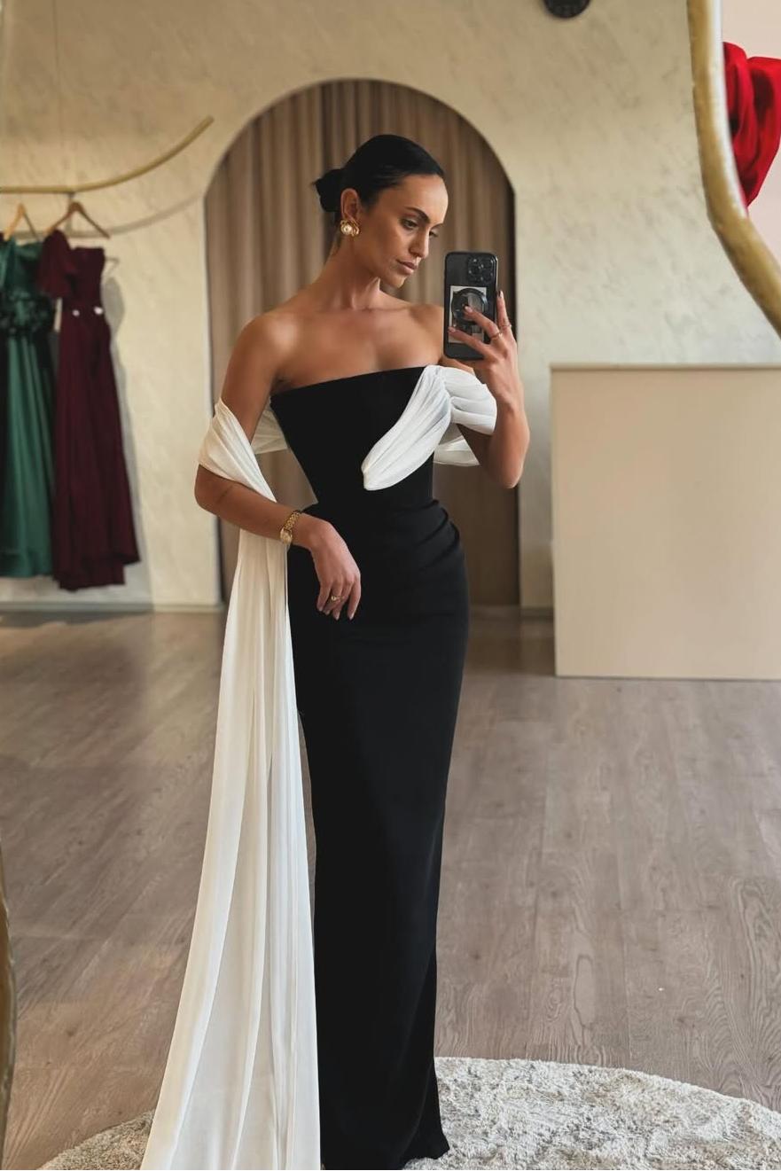Glamorous Black Satin Slim Sleeveless Long Prom Dress with White Cape | MS0561 