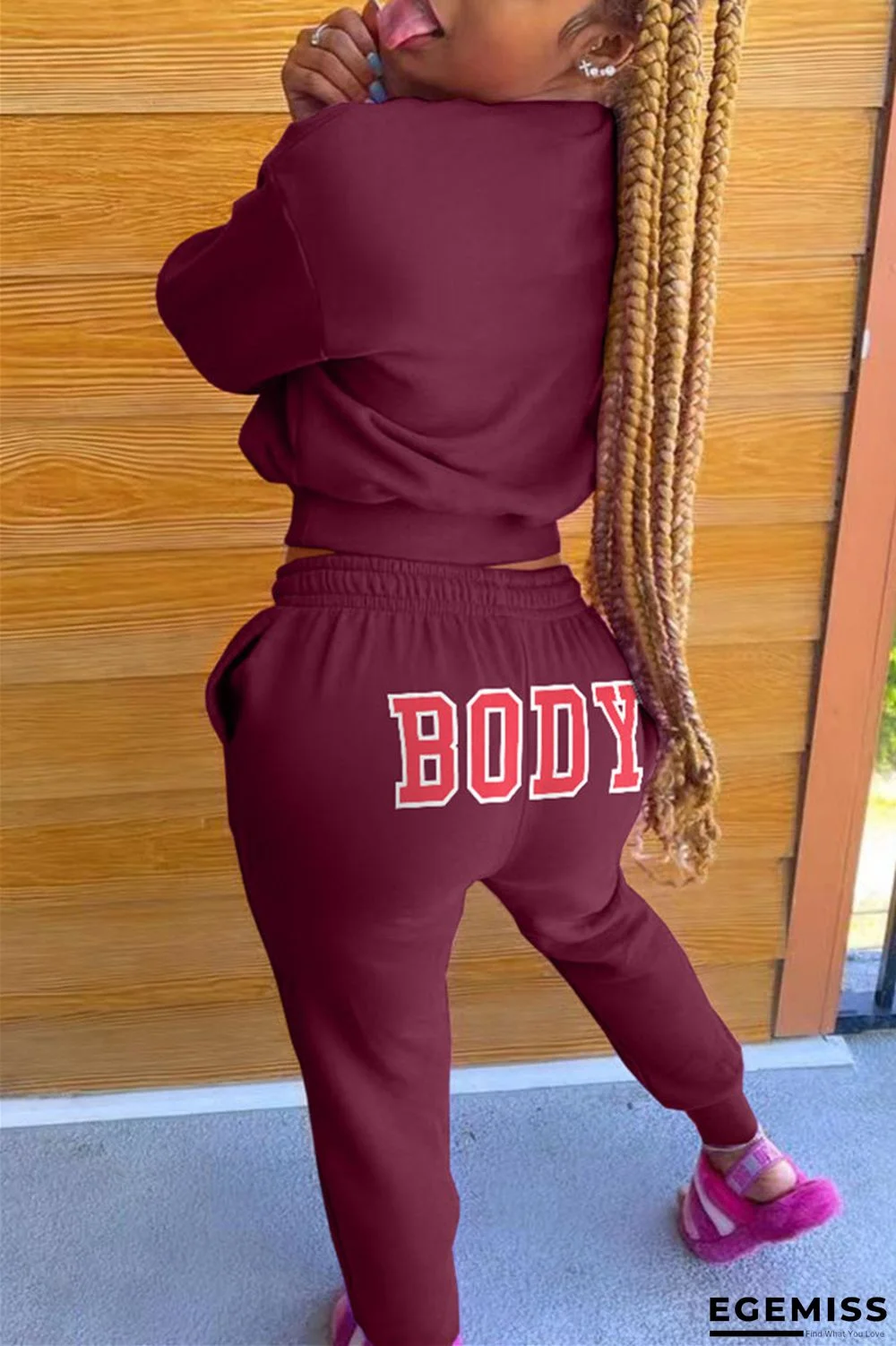 Burgundy Fashion Casual Letter Print Basic O Neck Long Sleeve Two Pieces | EGEMISS