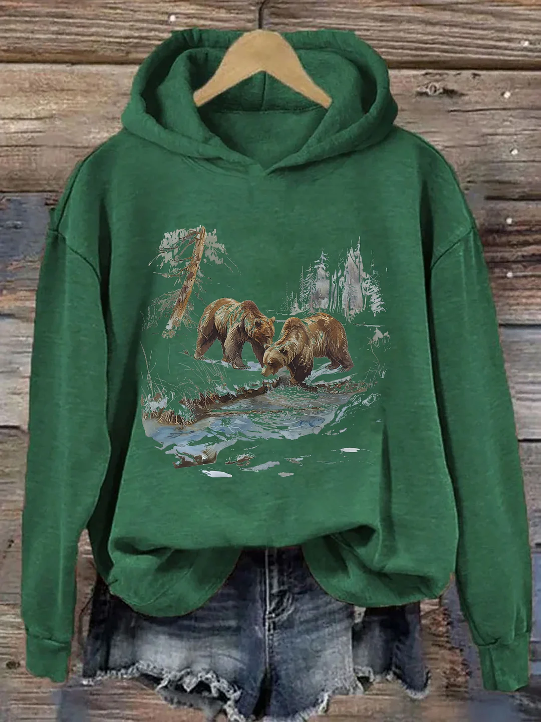 Retro Grizzly Bears Wilderness Scene Hoodie