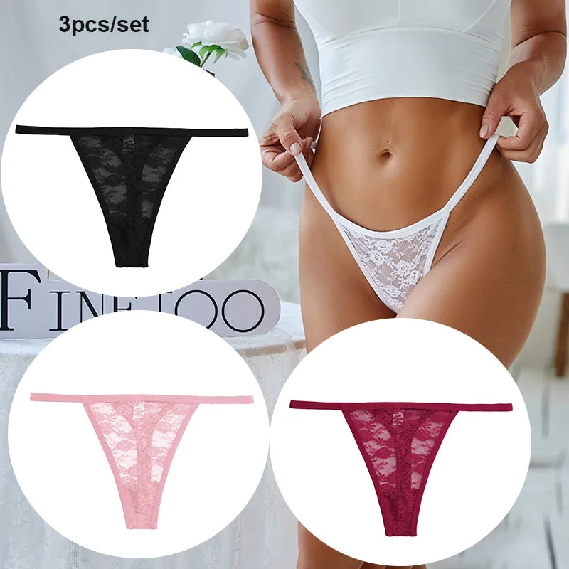 FINETOO 3PCS/Set Women Lace Sexy G-string Perspective Lingerie Temptation Panties Thong Underwear Panty Female Intimates M-XL
