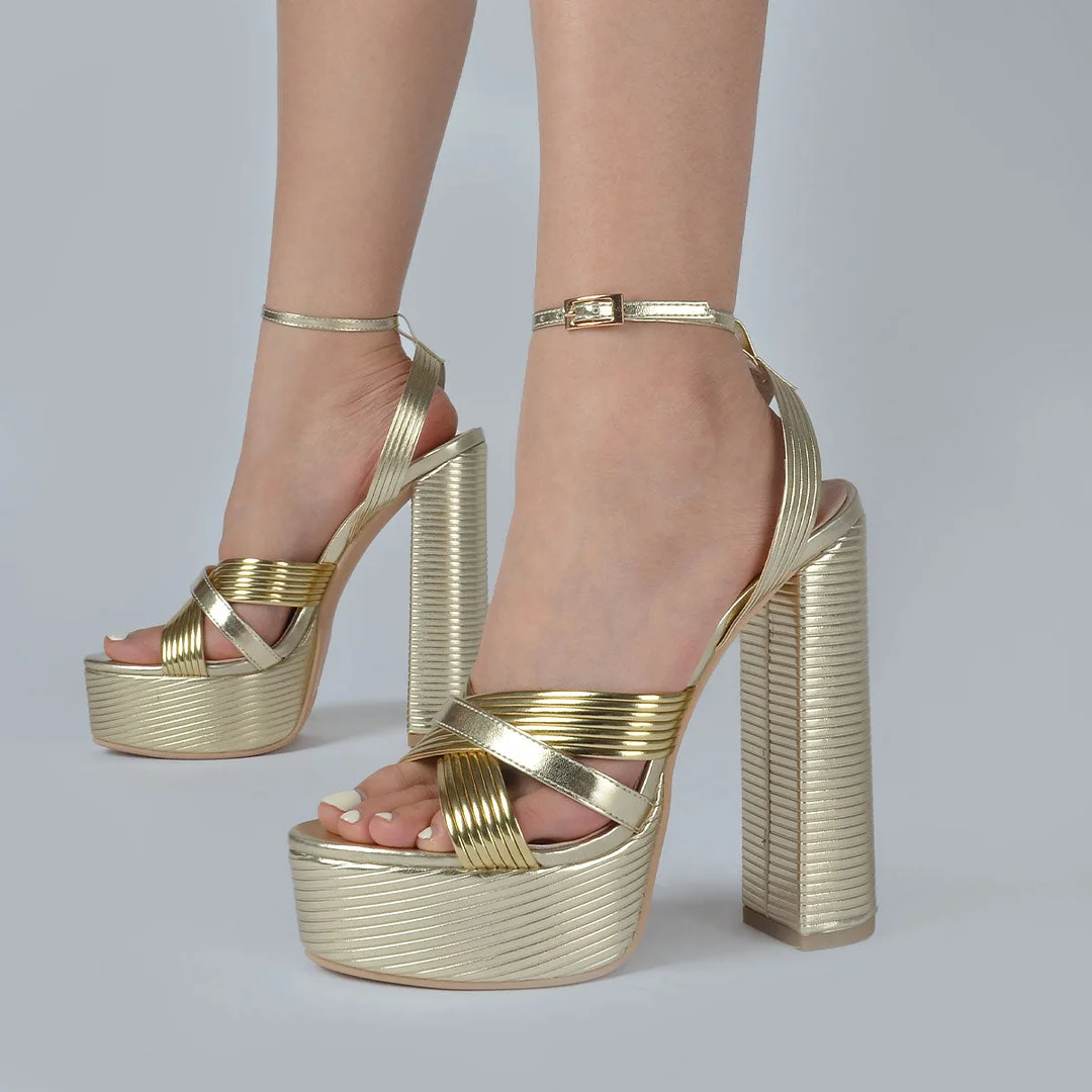 Gold Ankle Strap Open Round Toe Sandals Platform Chunky Heels