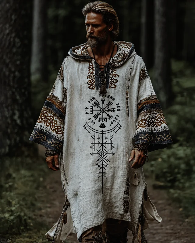 Men's Vacation Viking Themed Tree of Life Stereo Embroidery Casual Linen Hooded Kaftan 5a07