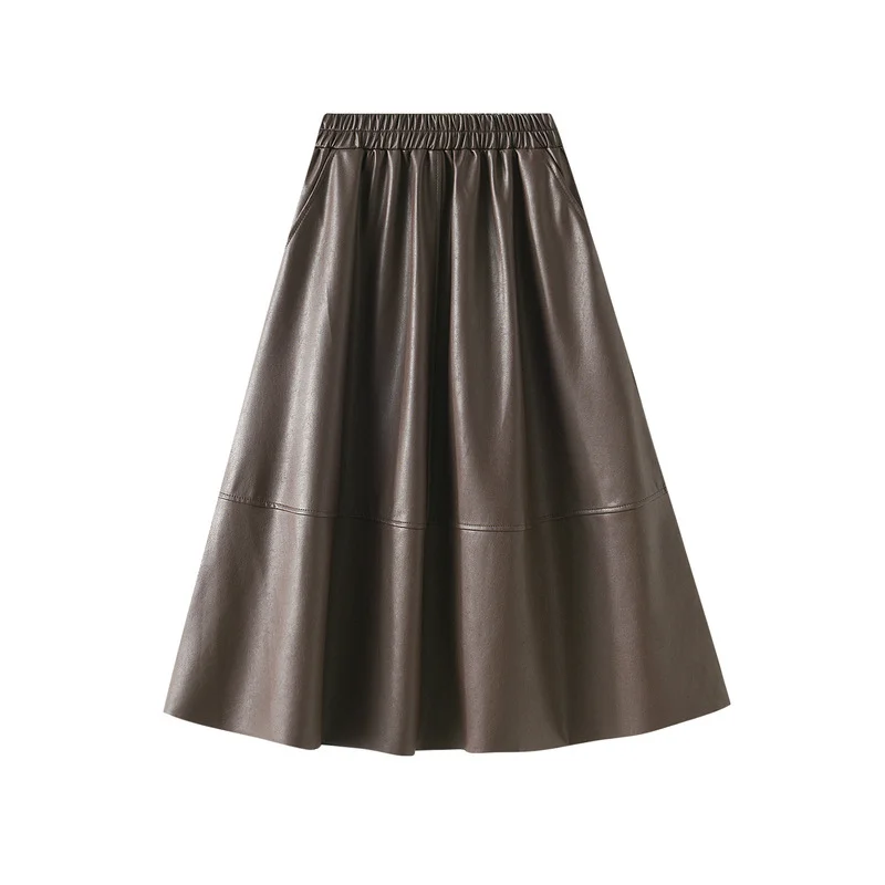 Nigikala Nigikala Leather Retro Style Skirt Long Half Skirt Female High-Waist A Skirt Temperament Umbrella Skirt 1839
