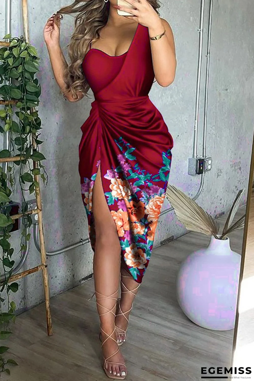 Burgundy Elegant Print Sequins Patchwork Fold Asymmetrical Asymmetrical Collar Irregular Dress Dresses | EGEMISS