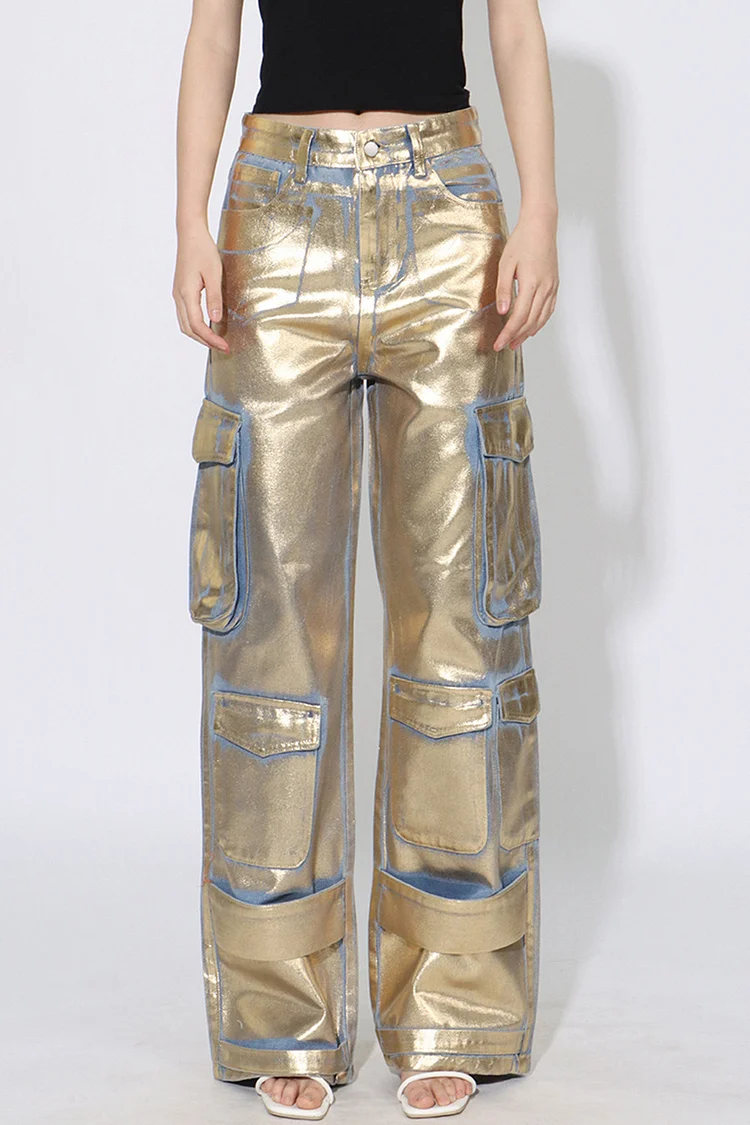 Metallic Pockets Denim Cargo Jeans-Gold
