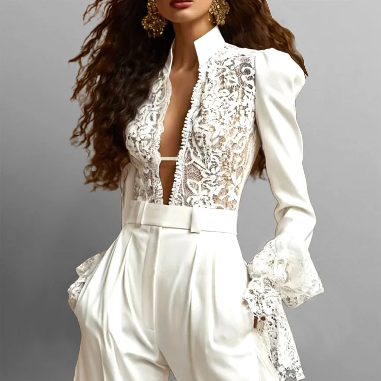 Fashion Stand Collar Lace Patchwork Long Sleeve Blouse