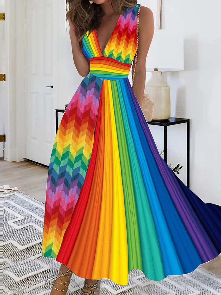 Women's Pride Day Rainbow Color Stripes Patchwork Zigzag Print Dress