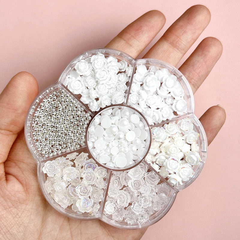 7-Grid Mixed Bow Pearl Nail Beauty Ornament Girl’s Style Mini Small Bow Tie Nail Material Package Box