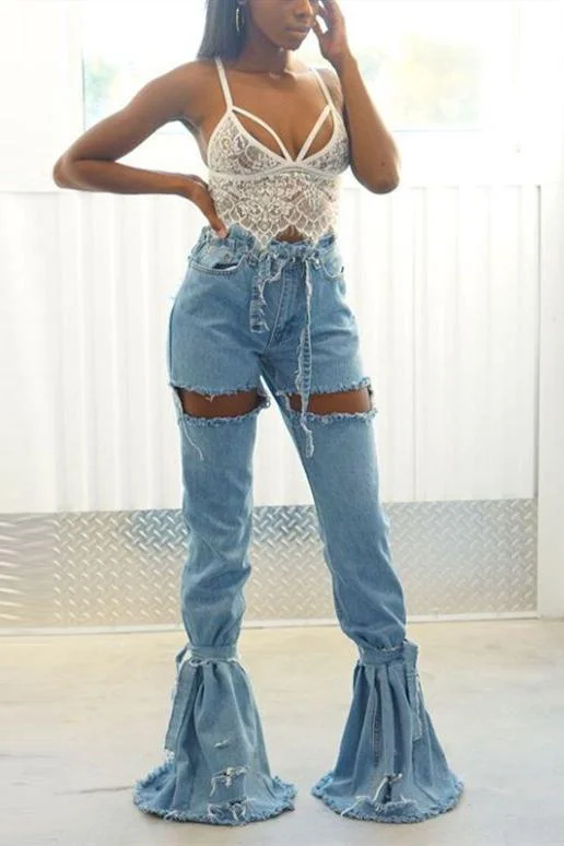 Fashion Wide Leg Bandage Patchwork Flared Jeans（Only Jeans)