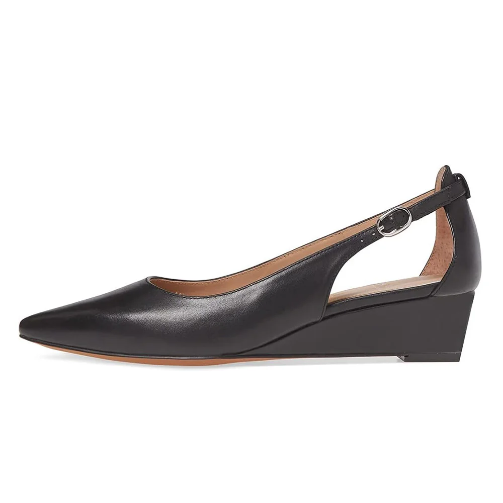 Black Vegan Leather Pointed Cut-Out Wedge Heel Classy Formal Pumps