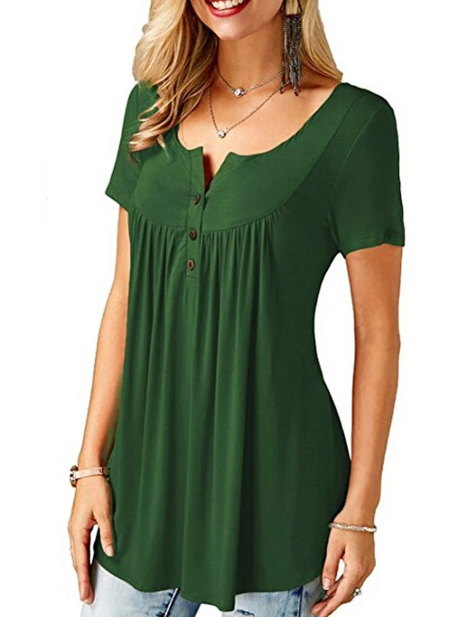 V-Neck  Asymmetric Hem Button Short Sleeve T-Shirts