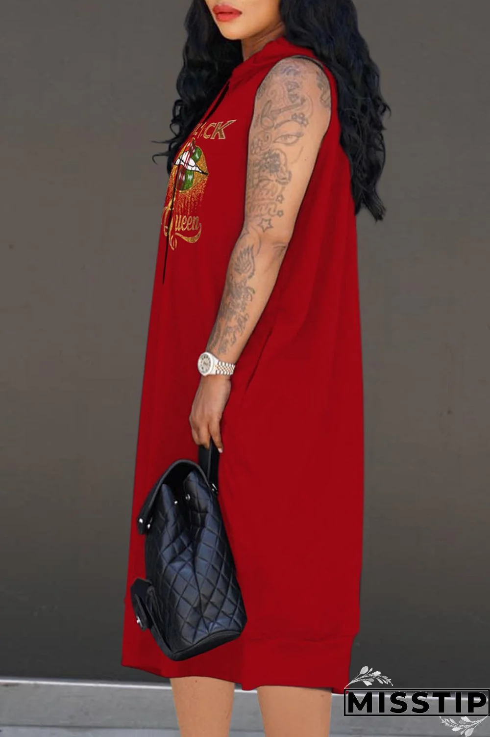 Red Casual Print Patchwork Hooded Collar Straight Dresses