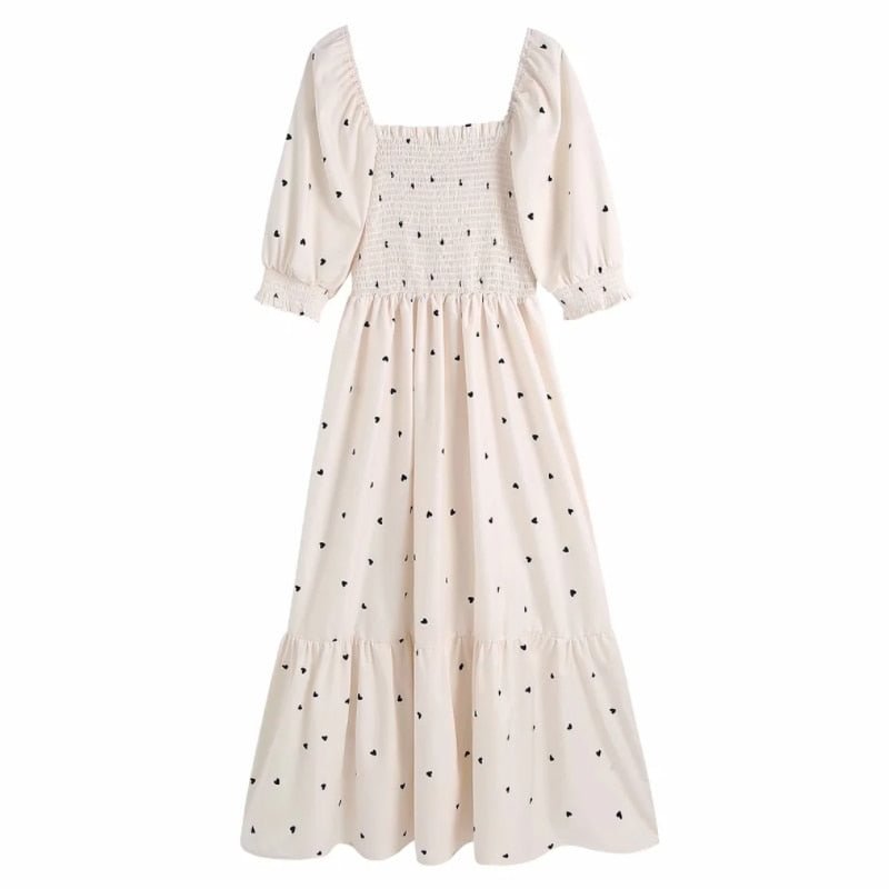 Summer Women Hearts Printing Square Collar Elastic Midi Dress Female Puff Sleeve Clothes Casual Lady Slim Vestido D7695