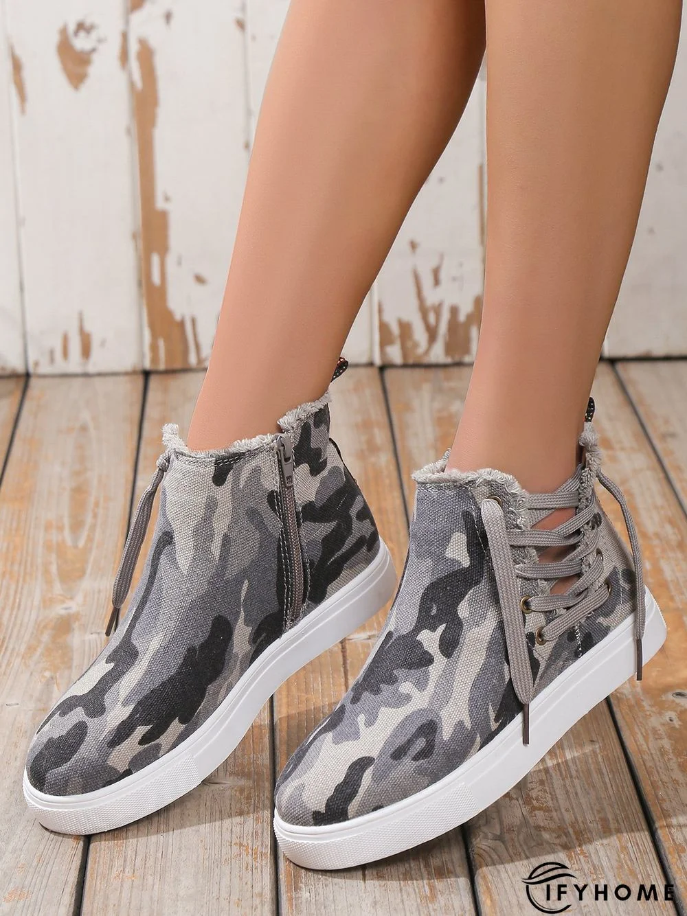 Casual Lace-up Decor Fringe High Top Canvas Shoes with Side Zip | IFYHOME