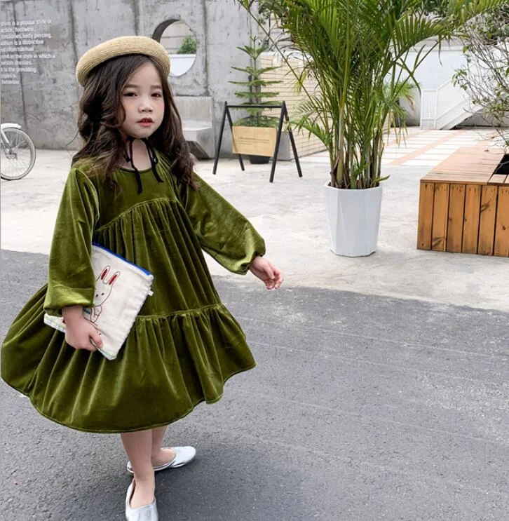 Spring Solid Color Long Sleeve Toddler Velour Dresses 1-8Yrs Baby Girls Dress Sweet Kids Velvet Clothes Princess Ruffles Dresses