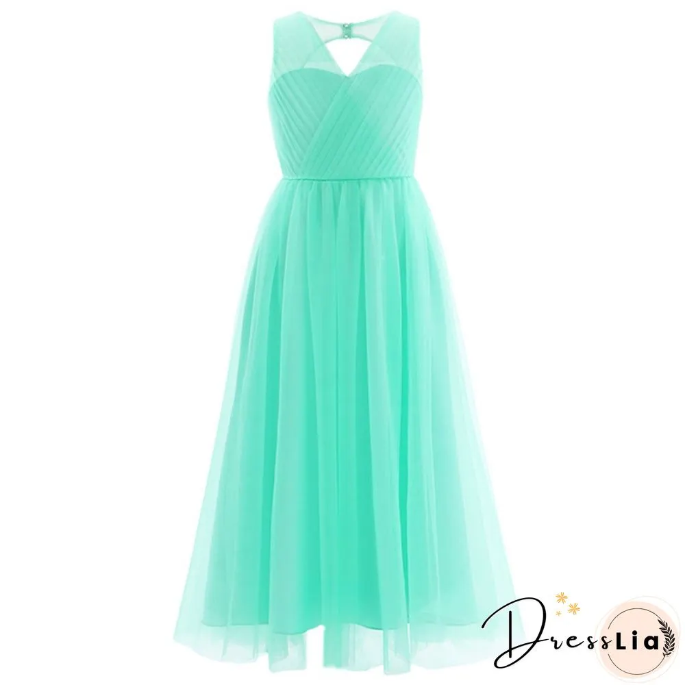 Girls Cutout Back Mesh Splice Sleeveless Flower Girl Junior Bridesmaid Dress Dance Party
