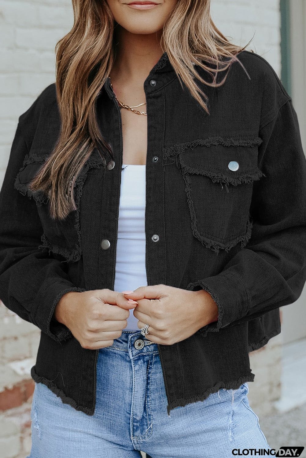 Distressed Flap Pockets Frayed Hemline Denim Jacket