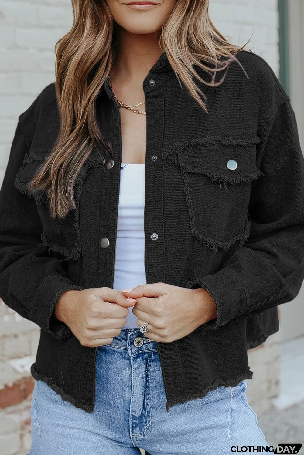 Distressed Flap Pockets Frayed Hemline Denim Jacket