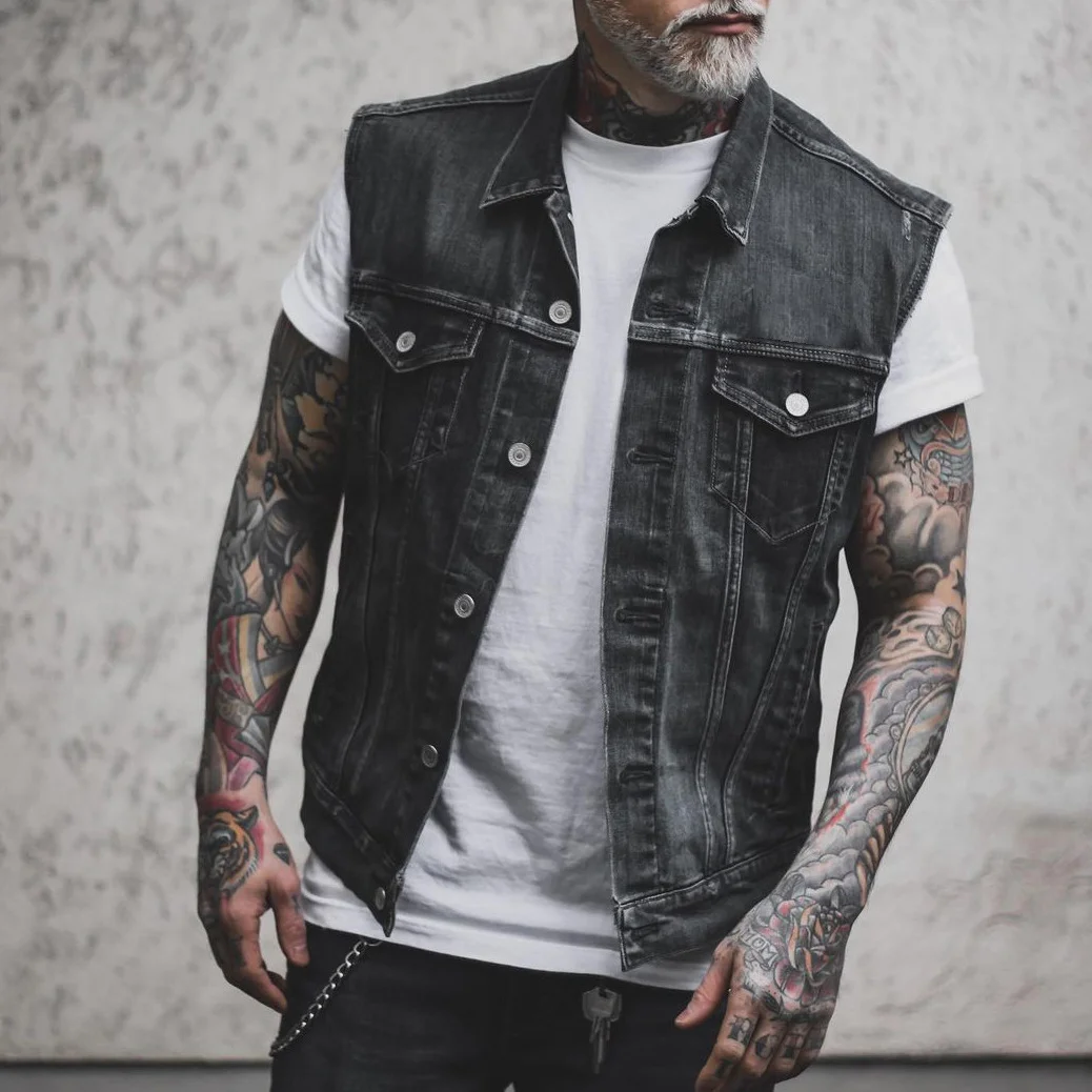 ROSIOWEOT Helmet Skull Print Men's Denim Vest Jacket