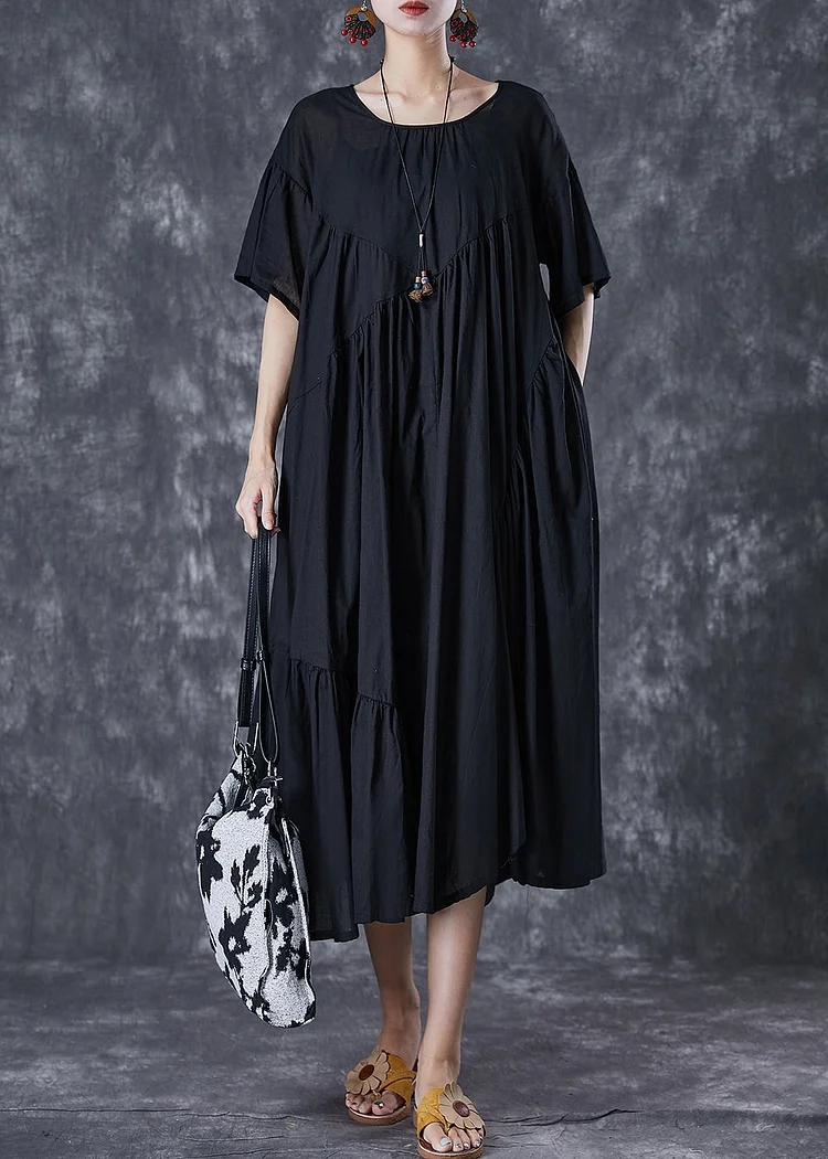 Black Oversized Cotton Dresses Asymmetrical Wrinkled Flare Sleeve