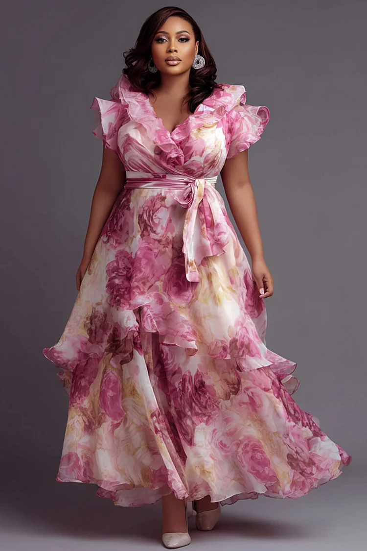 Xpluswear Design Plus Size Wedding Guest Pink Floral Wrap Neck Short Sleeve Ruffle Wrap Chiffon Midi Dresses [Pre-Order] 2024 - Xpluswear