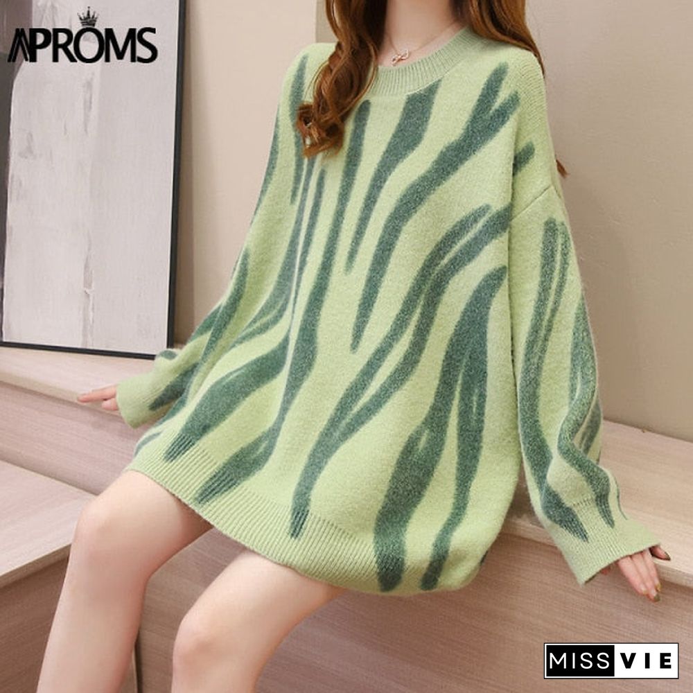 Aproms Korean Fashion Khaki Stripes Print Loose Sweaters Women Winter Hip-Pop Oversized