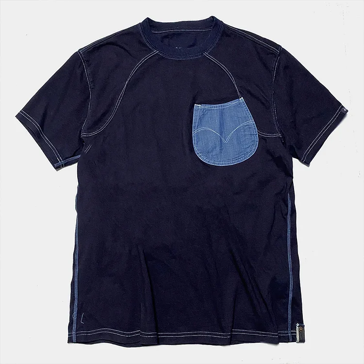 Western-inspired Indigo Jersey Semi-circle Pocket Short-sleeved T-shirt