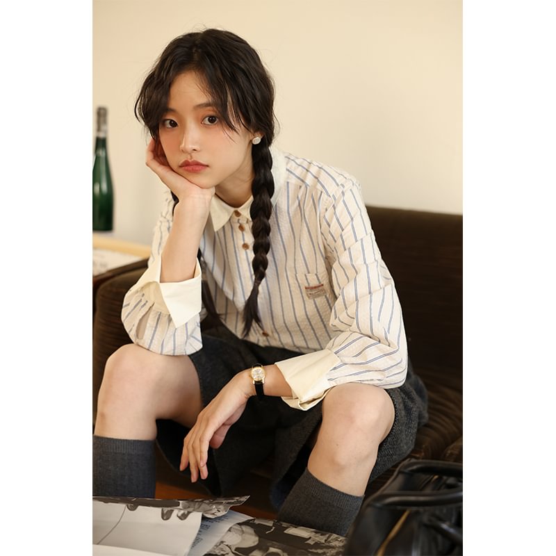 Blue And White Color-block Striped Shirt