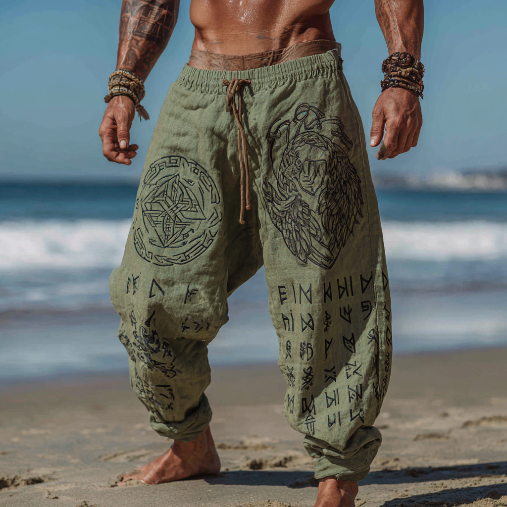 Men's Viking Vintage Eagle Celtic Knot Runes Totem Summer Casual Pants / Rvogue / Rvogue