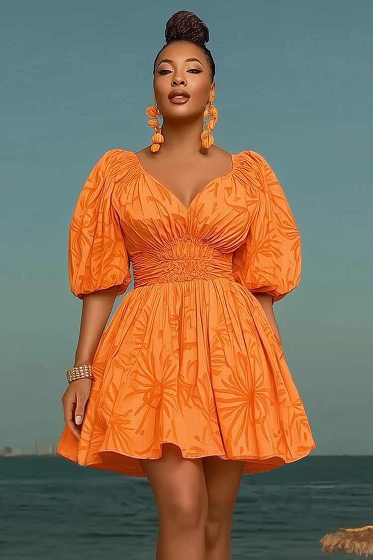 Puff Sleeve Floral Jacquard A-Line Daily Mini Dresses-Orange [Pre Order]
