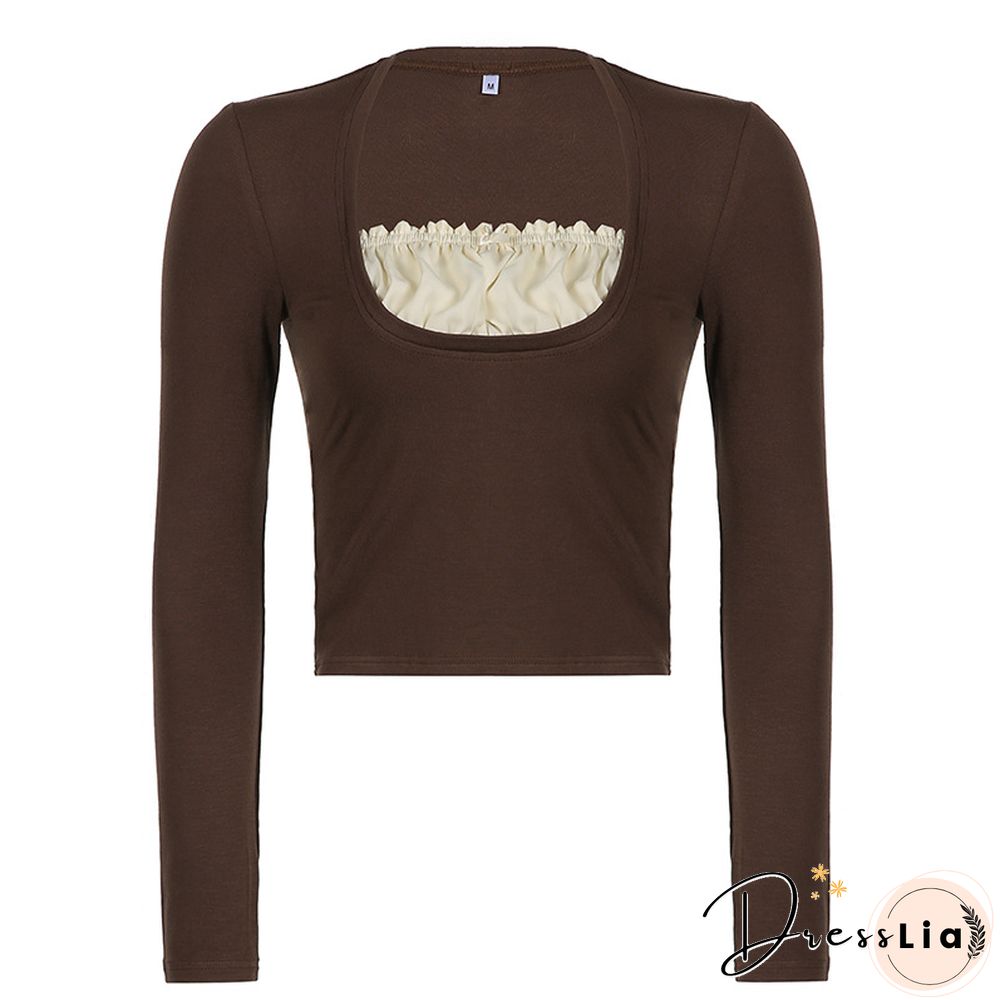 Square Neck Ruffled Pleated Long-Sleeved T-Shirt