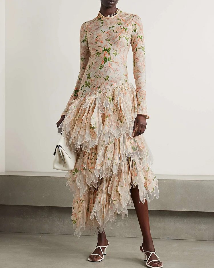 Asymmetric tulle-trimmed floral-print linen and silk-blend maxi dress