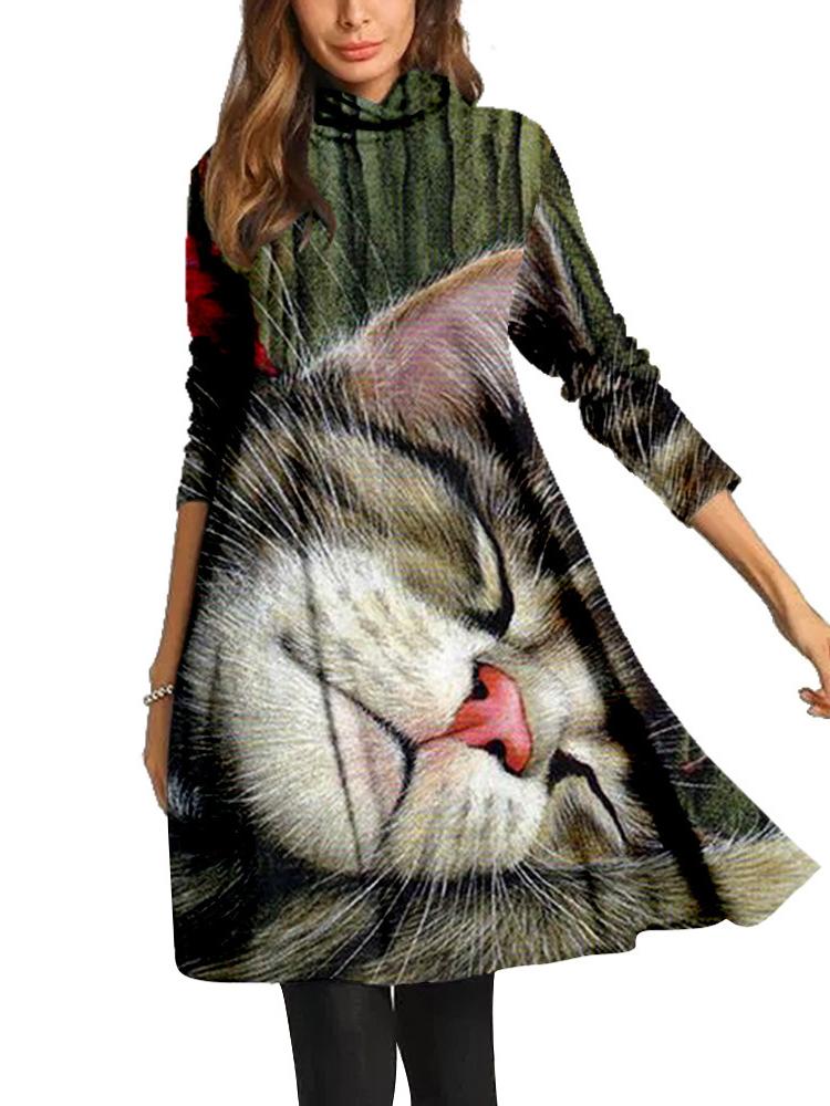 Women Long Sleeve Scoop Neck Printed Midi Dress