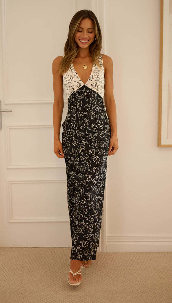 Mature Ladies Contrast Deep V Long Dress Backless Lace-up Summer Dress