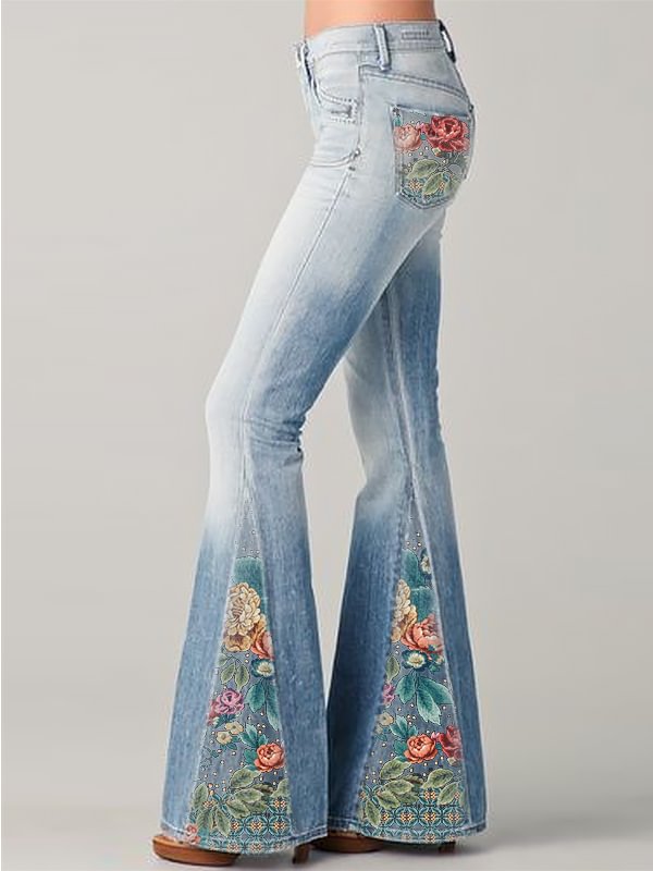 2021 new fashion gradient flower printed jeans flared pants