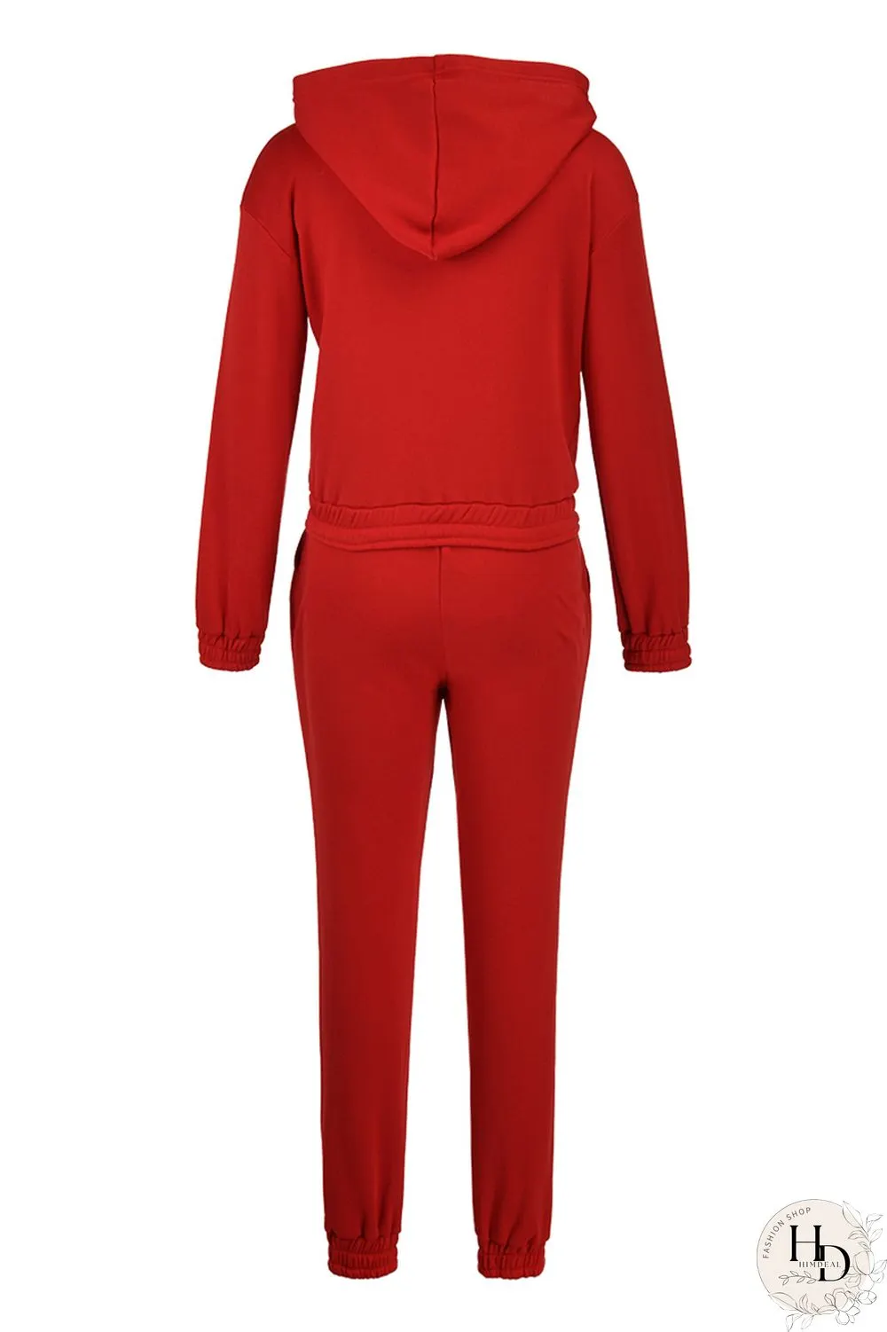 Red Fashion Casual Solid Cardigan Pants Hooded Collar Long Sleeve Two Pieces