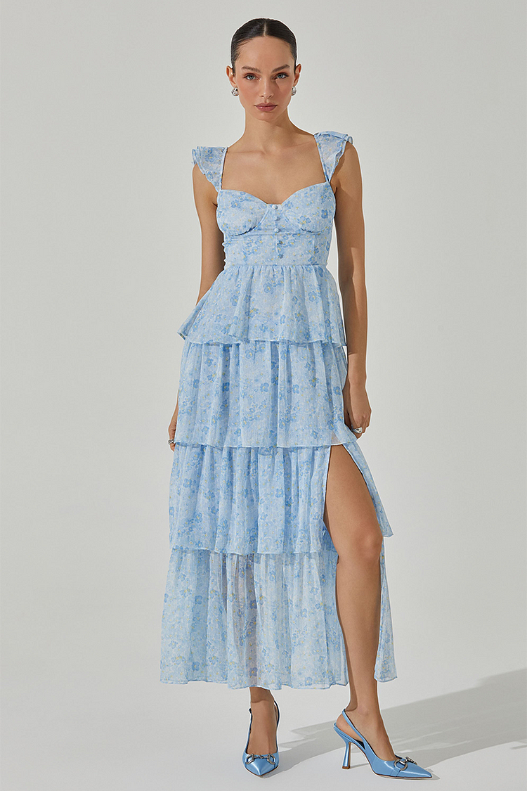 Ruffled Straps Tiered Flounced Slit Maxi Dresses-Blue [Pre Order]