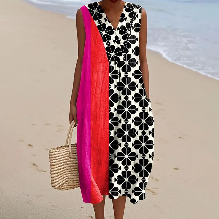 Women's Vintage Abstract Geometric Lines Flower Art Print Sleeveless Cotton Pocket Wrap V Neck Dress