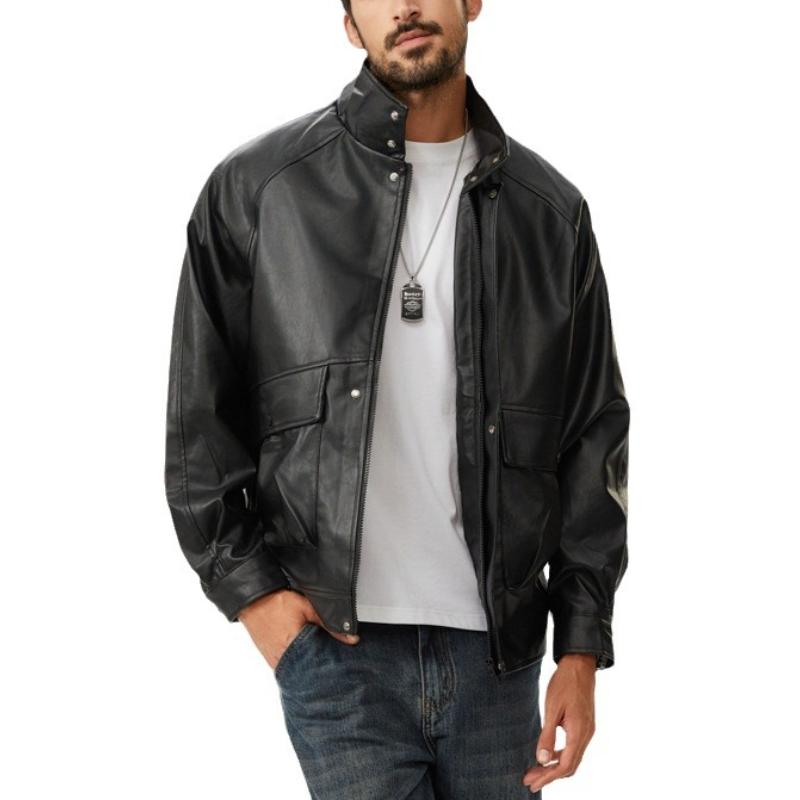 Men's Vintage Biker Lapel Zipper Leather Jacket 46896235Y