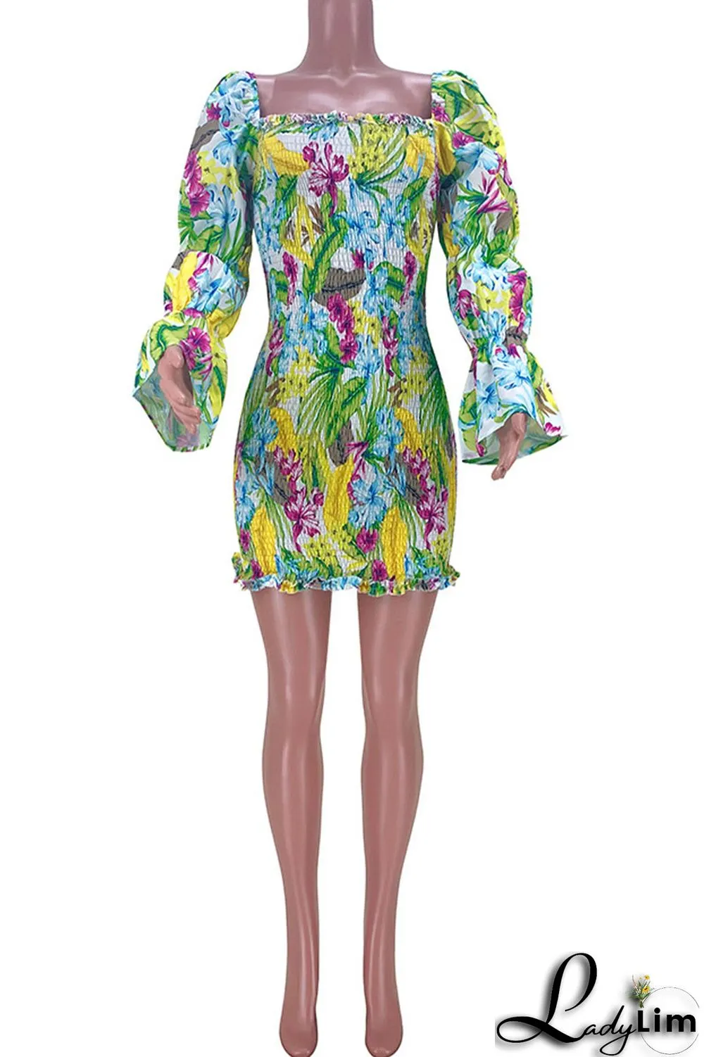 Grass Green Fashion Sweet Print Patchwork Square Collar Pencil Skirt Dresses
