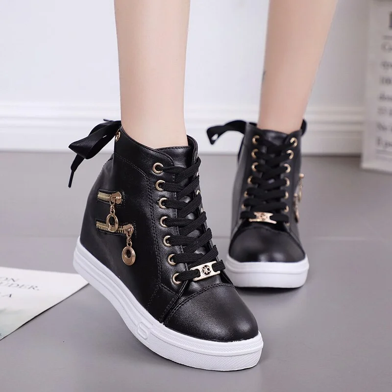 Qengg Shoes Woman High Top Spring Autumn 2022 Female Fashion Casual Shoes Zipper Hided Wedge Lady Sneakers White Shoes