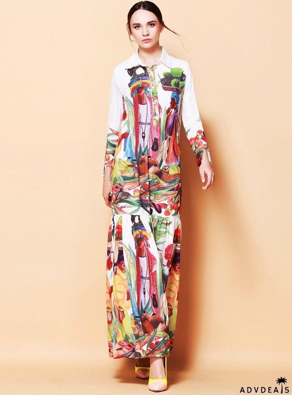 Maxi Dress with Turn Down Collar and Long Sleeves for Women