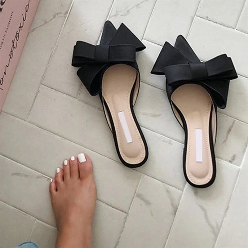 2022 spring and summer women's shoes Korean silk satin Pointed bow tie slippers Baotou flat heel sets semi slippers
