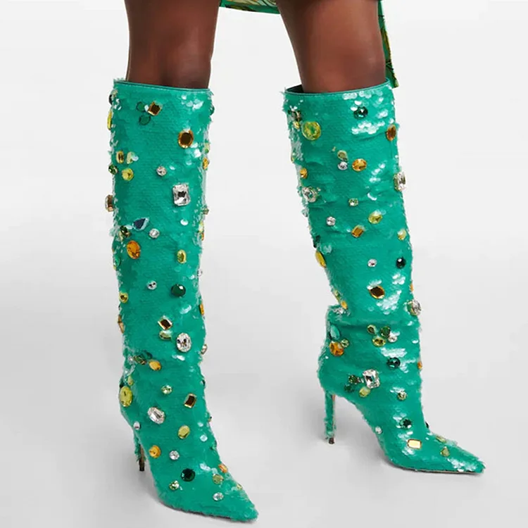 Pointed Toe Rhinestone Sequins Boots-Emerald Green