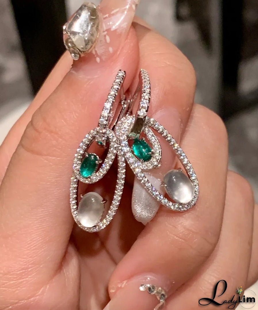 Chinese Style Green Sterling Silver Alloy Zircon Jade Egg Shaped Hoop Earrings