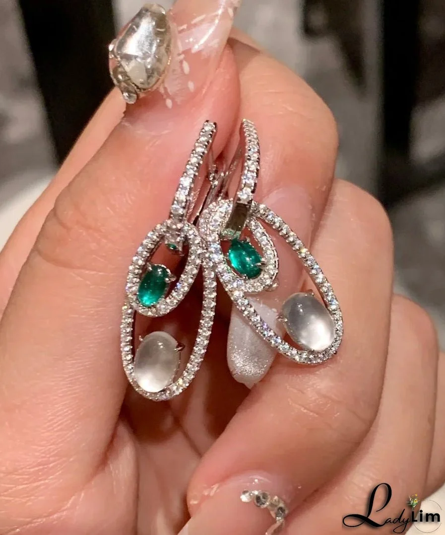 Chinese Style Green Sterling Silver Alloy Zircon Jade Egg Shaped Hoop Earrings